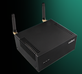 Milk-V Jupiter2 in its black metal case with two antennas